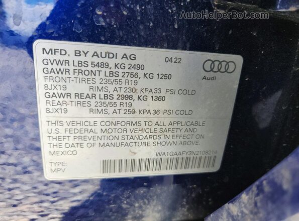 WA1GAAFY3N2108214 2022 AUDI Q5 Синий Вид наклейки с VIN-кодом