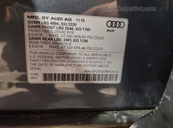 WA1GFCFS2GR012416 2016 AUDI Q3 Charcoal Вид наклейки з VIN-кодом