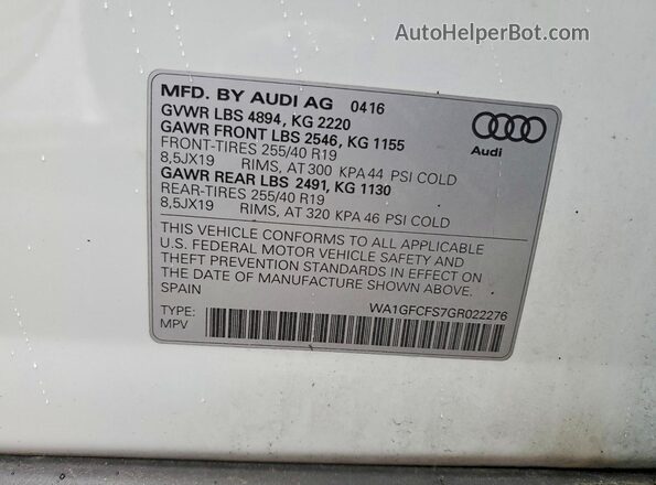 WA1GFCFS7GR022276 2016 AUDI Q3 White Widok naklejki z numerem VIN