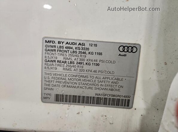 WA1GFCFS8GR014932 2016 AUDI Q3 White Widok naklejki z numerem VIN
