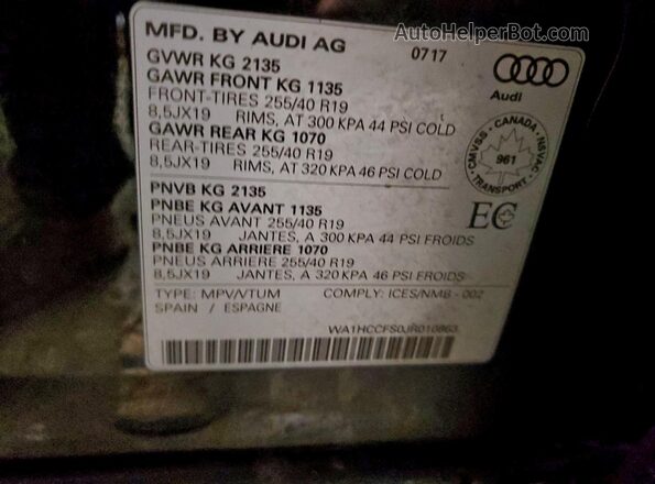 WA1HCCFS0JR010863 2018 AUDI Q3 Black VIN sticker view