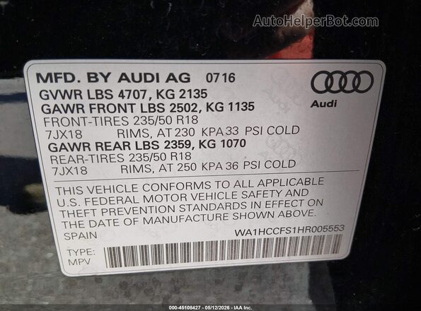 WA1HCCFS1HR005553 2017 AUDI Q3 Black Engine compartment view