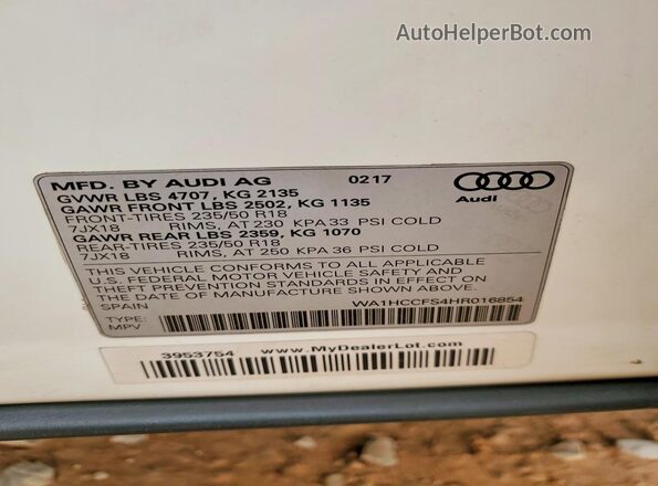 WA1HCCFS4HR016854 2017 AUDI Q3 Белый Вид наклейки с VIN-кодом