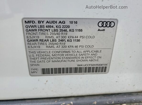 WA1JCCFS0HR008154 2017 AUDI Q3 White VIN კოდის სტიკერის ხედი
