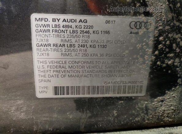 WA1JCCFS3JR008168 2018 AUDI Q3 Gray VIN կոդի պիտակի տեսք