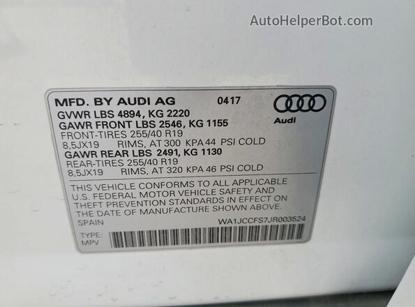 WA1JCCFS7JR003524 2018 AUDI Q3 White Vista del compartimento del motor