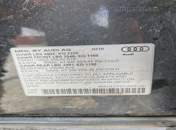 WA1JCCFS7JR031081 2018 AUDI Q3 Black VIN sticker view