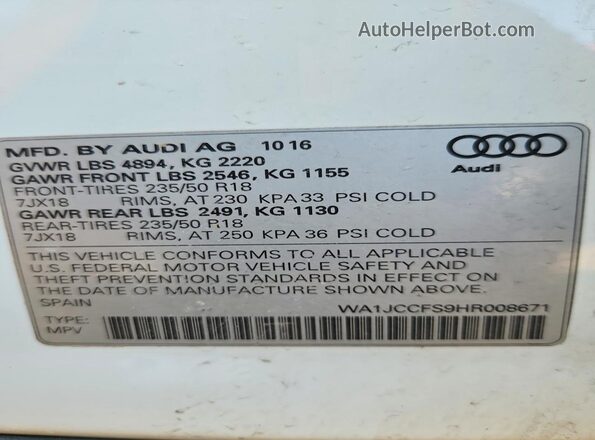 WA1JCCFS9HR008671 2017 AUDI Q3 White Widok wnętrza 360 stopni