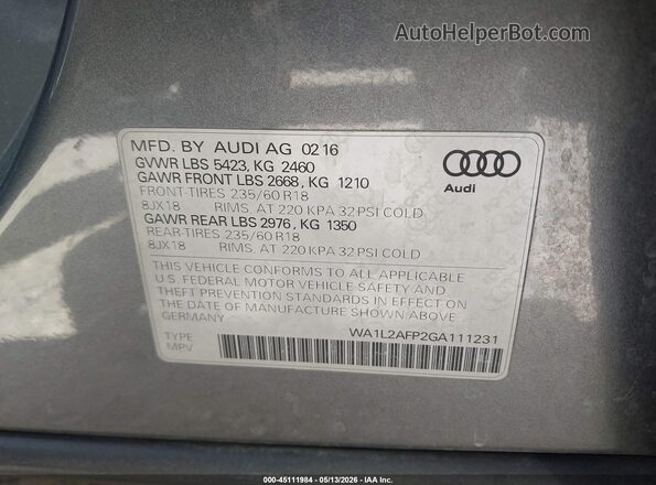 WA1L2AFP2GA111231 2016 AUDI Q5 Gray Вид підкапотного простору