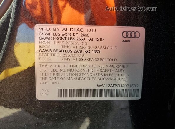 WA1L2AFP2HA071590 2017 AUDI Q5 Серый Вид наклейки с VIN-кодом