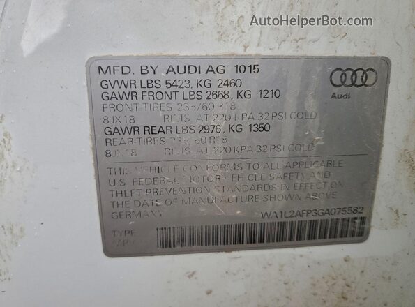WA1L2AFP3GA075582 2016 AUDI Q5 White Vista de la etiqueta del VIN