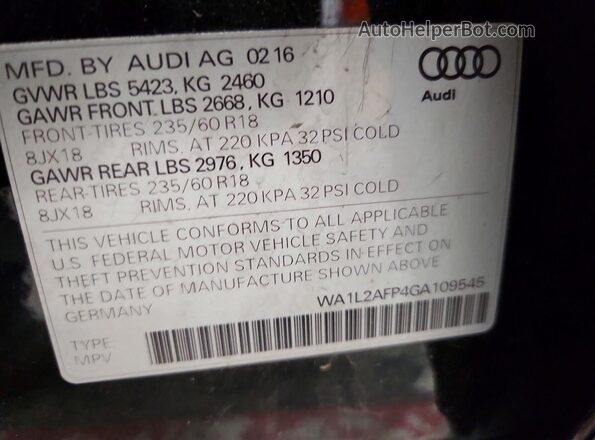 WA1L2AFP4GA109545 2016 AUDI Q5 Black Widok naklejki z numerem VIN