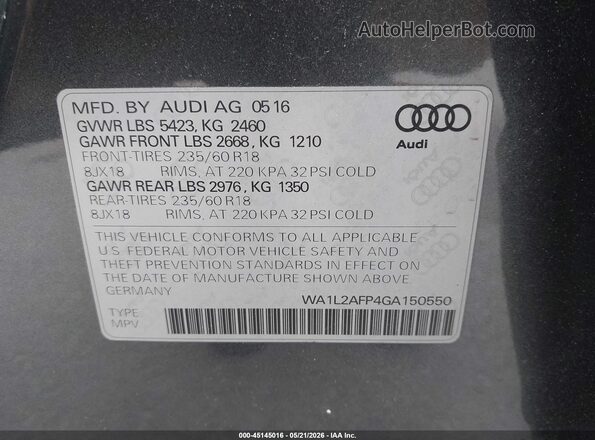 WA1L2AFP4GA150550 2016 AUDI Q5 Gray Вид підкапотного простору