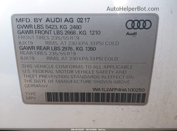 WA1L2AFP4HA100250 2017 AUDI Q5 White Շարժիչի բաժամունքի տեսք