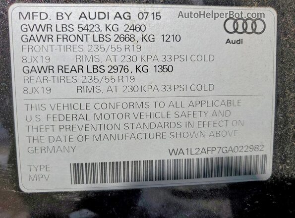 WA1L2AFP7GA022982 2016 AUDI Q5 Серый Вид наклейки с VIN-кодом