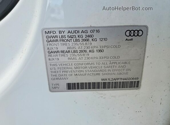 WA1L2AFP7HA020649 2017 AUDI Q5 White VIN კოდის სტიკერის ხედი