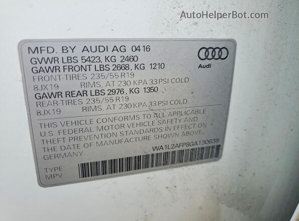 WA1L2AFP8GA130639 2016 AUDI Q5 White Widok komory silnika