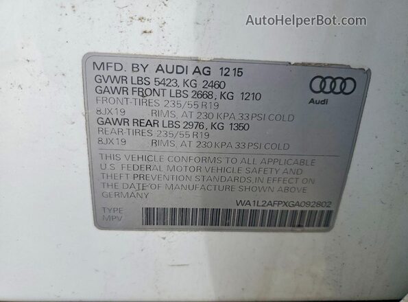 WA1L2AFPXGA092802 2016 AUDI Q5 Белый Вид наклейки с VIN-кодом