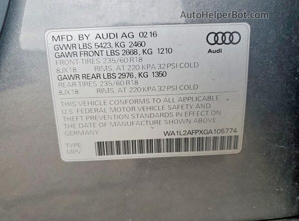 WA1L2AFPXGA105774 2016 AUDI Q5 Gray Widok wnętrza 360 stopni