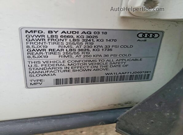 WA1LAAF71JD037261 2018 AUDI Q7 White Widok naklejki z numerem VIN