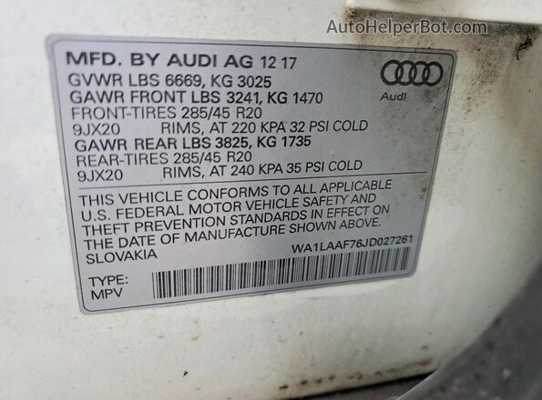 WA1LAAF76JD027261 2018 AUDI Q7 White Widok naklejki z numerem VIN
