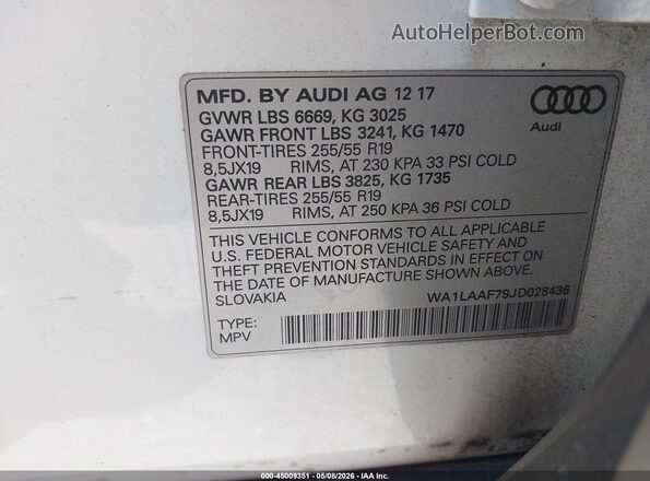 WA1LAAF79JD028436 2018 AUDI Q7 Белый Вид подкапотного пространства