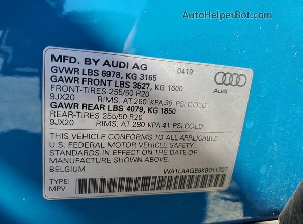 WA1LAAGE9KB011727 2019 AUDI E-TRON Blue VIN კოდის სტიკერის ხედი