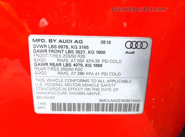 WA1LAAGEXKB014491 2019 AUDI E-TRON Orange Vista de la etiqueta del VIN