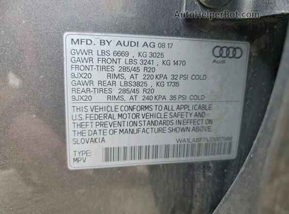 WA1LABF71JD007988 2018 AUDI Q7 Gray VIN კოდის სტიკერის ხედი