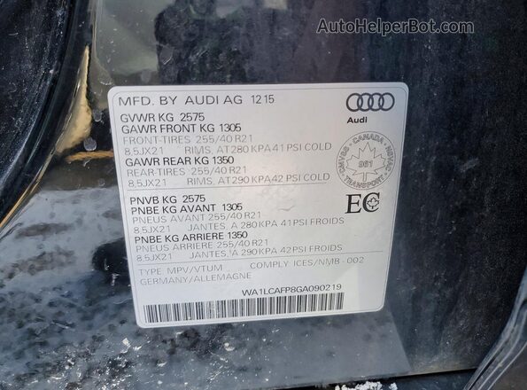 WA1LCAFP8GA090219 2016 AUDI SQ5 Черный Вид наклейки с VIN-кодом