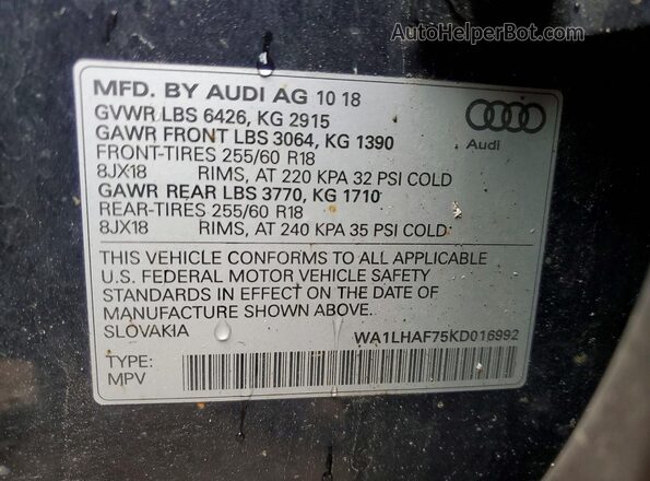 WA1LHAF75KD016992 2019 AUDI Q7 Черный Вид наклейки с VIN-кодом