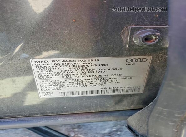 WA1LHAF76JD036795 2018 AUDI Q7 Gray Widok naklejki z numerem VIN