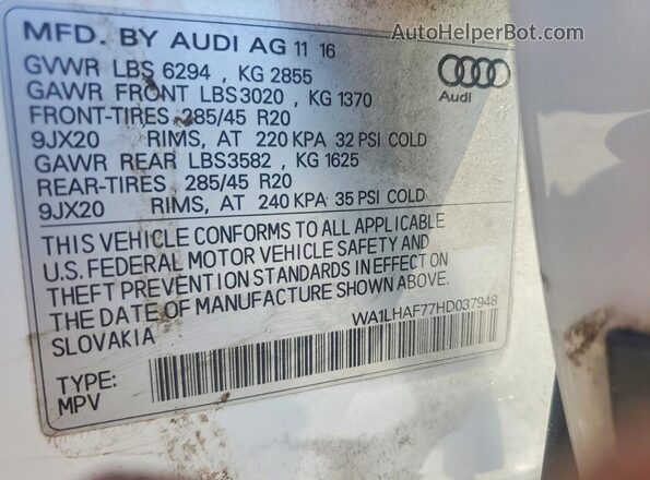 WA1LHAF77HD037948 2017 AUDI Q7 White Widok wnętrza 360 stopni