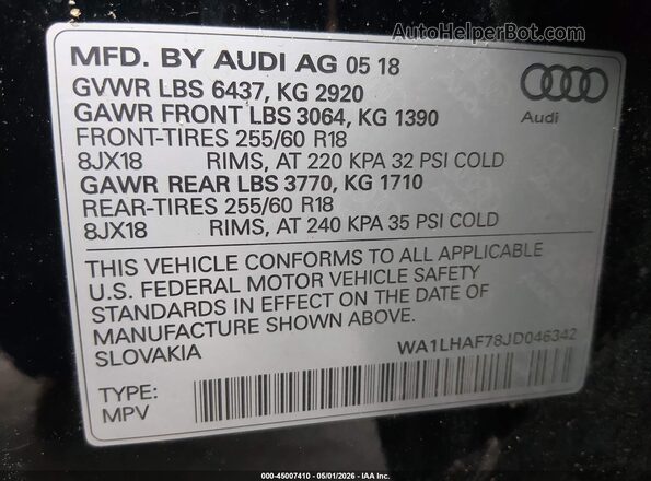 WA1LHAF78JD046342 2018 AUDI Q7 Black Vista del compartimento del motor