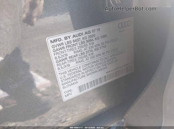 WA1LHAF78JD055171 2018 AUDI Q7 Gray Widok komory silnika