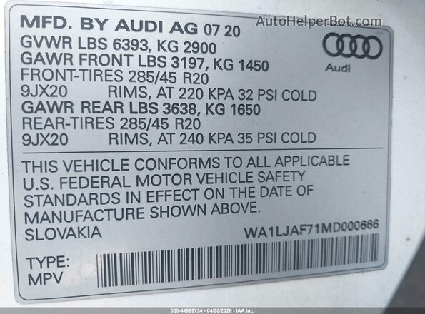 WA1LJAF71MD000666 2021 AUDI Q7 White Widok komory silnika