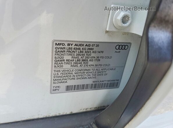 WA1LXAF71MD000763 2021 AUDI Q7 White Вид наклейки з VIN-кодом