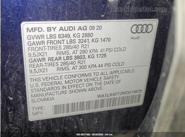 WA1LXAF72MD014929 2021 AUDI Q7 Синий Вид наклейки с VIN-кодом