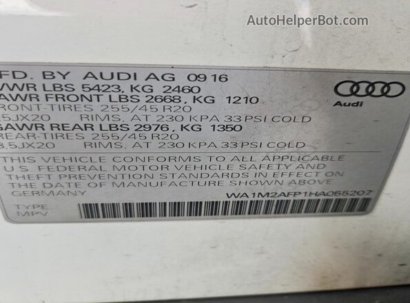 WA1M2AFP1HA055207 2017 AUDI Q5 White Vista de la etiqueta del VIN