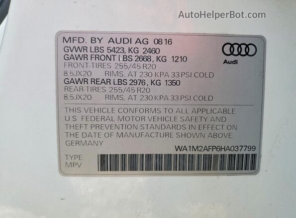 WA1M2AFP6HA037799 2017 AUDI Q5 White VIN კოდის სტიკერის ხედი