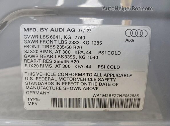 WA1M2BFZ7NP052585 2022 AUDI Q4 Gray Вид наклейки з VIN-кодом