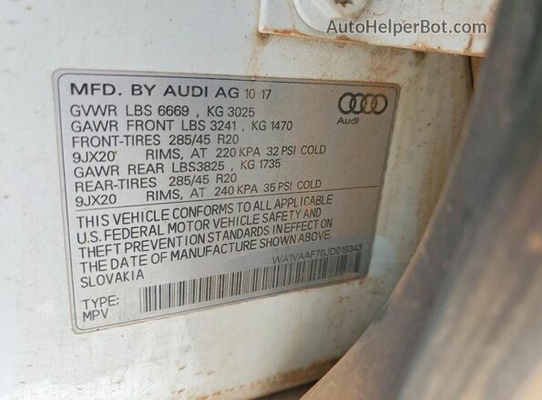 WA1VAAF70JD019343 2018 AUDI Q7 White Widok naklejki z numerem VIN