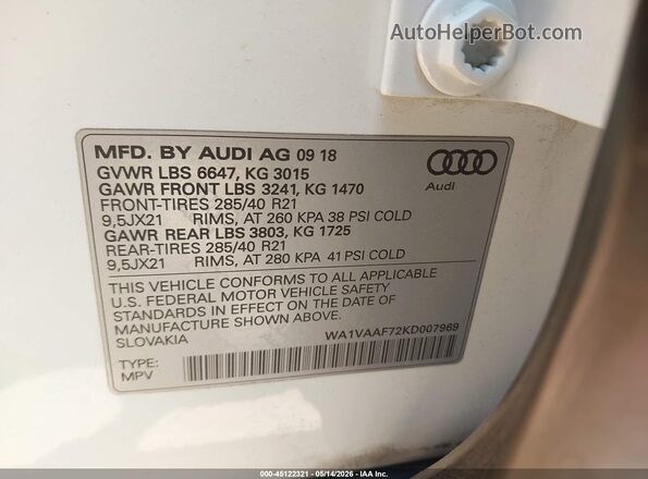 WA1VAAF72KD007969 2019 AUDI Q7 White Widok komory silnika