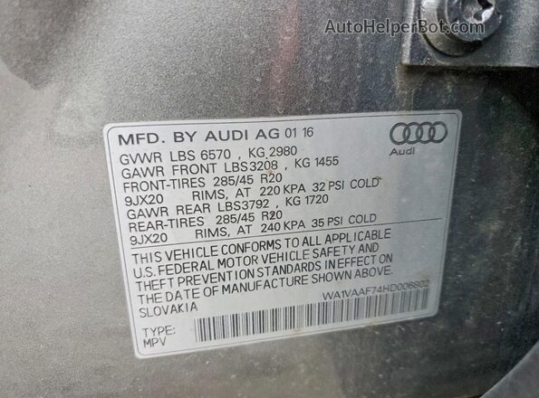 WA1VAAF74HD006802 2017 AUDI Q7 Gray Панорамний вид салону 360°