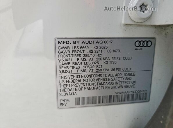 WA1VAAF78JD004122 2018 AUDI Q7 White Vista de la etiqueta del VIN