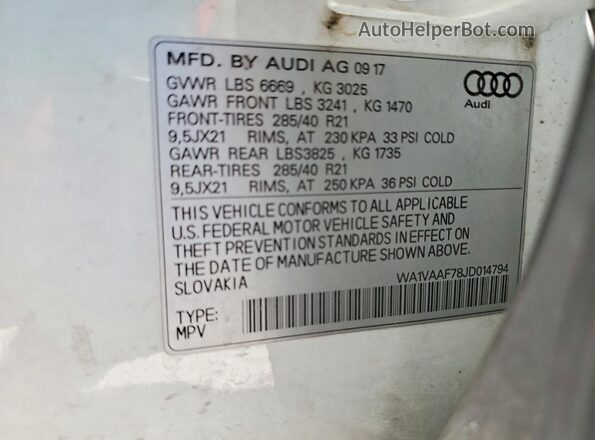 WA1VAAF78JD014794 2018 AUDI Q7 Белый Вид наклейки с VIN-кодом