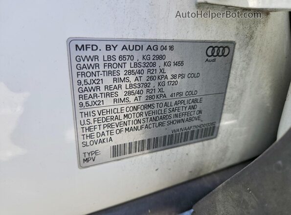 WA1VAAF7XHD013382 2017 AUDI Q7 White Widok naklejki z numerem VIN