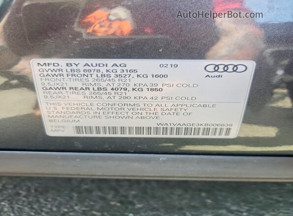 WA1VAAGE3KB006838 2019 AUDI E-TRON Charcoal Vista del compartimento del motor