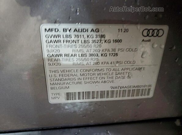 WA1VAAGE3MB018135 2021 AUDI E-TRON Серый Панорамный вид салона 360°