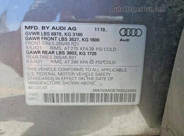 WA1VAAGE7KB024954 2019 AUDI E-TRON Silver VIN sticker view